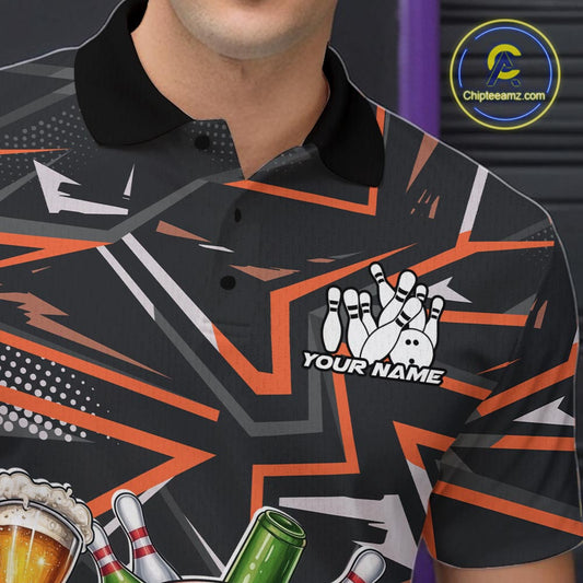 Custom Funny Bowling Ball Drink Beer Bowling Men Polo Shirt, Orange Bowling Team Shirt IPHW10121