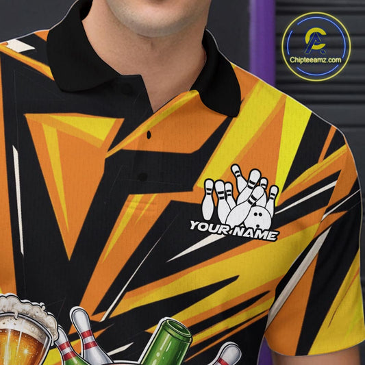Custom Funny Bowling Ball Drink Beer Bowling Men Polo Shirt, Yellow Bowling Team Shirt IPHW10123
