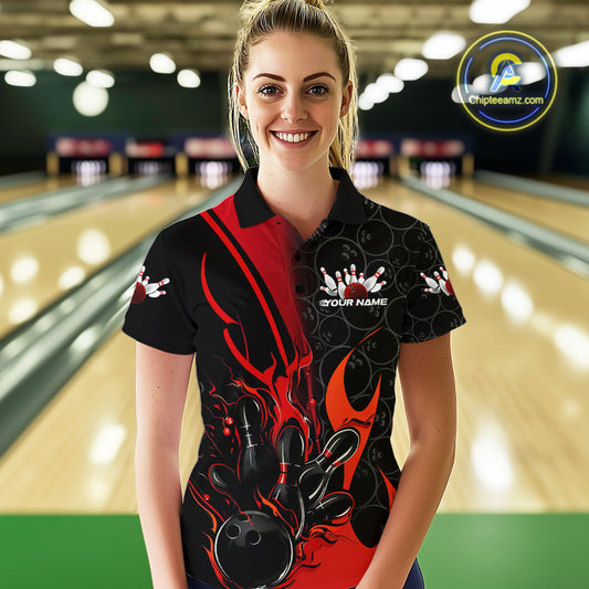 Custom Red Flame Bowling Pattern Bowling Women Polo Shirt, Bowling Team League Shirt IPHW9881
