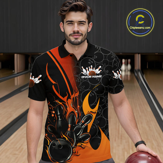 Custom Orange Flame Bowling Pattern Bowling Men Polo Shirt, Bowling Team League Shirt IPHW9883