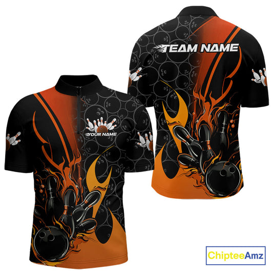 Custom Orange Flame Bowling Pattern Bowling Men Quarter-Zip Shirt, Bowling Team League Shirt IPHW9883