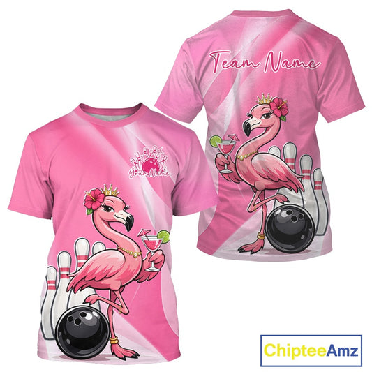 Front and back view of a pink men’s crewneck bowling T-shirt featuring a crowned flamingo holding a cocktail beside a bowling ball with hibiscus flower accents.