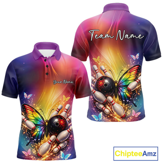 Front and back view of a men’s bowling polo shirt featuring a rainbow butterfly beside a bowling ball with scattered bowling pins.