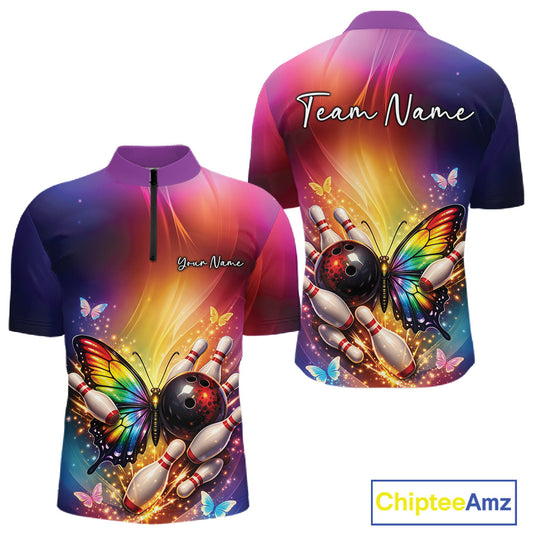 Front and back mockup of a men’s bowling quarter-zip shirt featuring a rainbow butterfly beside a bowling ball with scattered bowling pins.