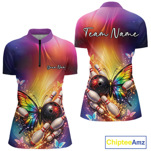 Front and back view of a women’s bowling quarter-zip shirt featuring a rainbow butterfly beside a bowling ball and scattered bowling pins.