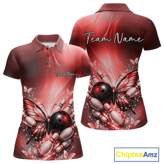 Front and back mockup of a red women’s bowling polo shirt featuring a butterfly beside a bowling ball with scattered bowling pins.
