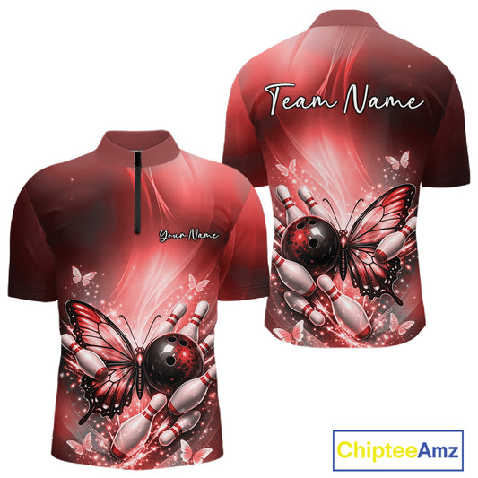 Front and back view of a red men’s bowling quarter-zip shirt featuring a butterfly beside a bowling ball with scattered bowling pins.