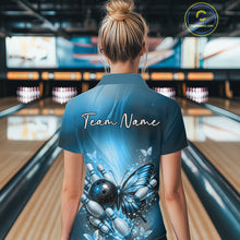 Load image into Gallery viewer, Custom Blue Butterfly Bowling Team Women Polo Shirt, Bowling League Shirt IPHW11039
