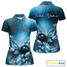 Load image into Gallery viewer, Custom Blue Butterfly Bowling Team Women Polo Shirt, Bowling League Shirt IPHW11039
