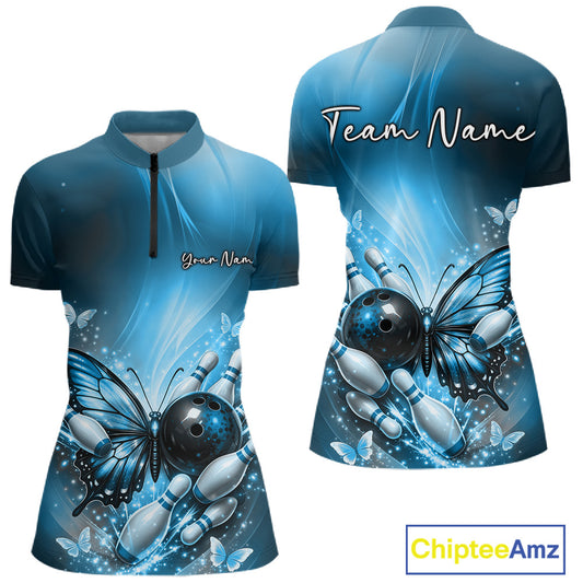 Front and back view of a blue women’s bowling quarter-zip shirt featuring a butterfly beside a bowling ball with scattered bowling pins.