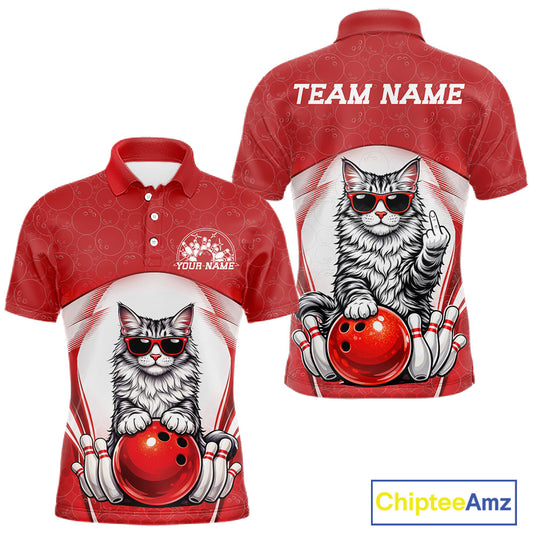 Front and back display of a white and red men’s bowling polo shirt featuring a Maine Coon cat wearing sunglasses and leaning on a bowling ball.