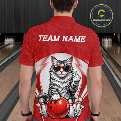 Back view of a male model in a bowling center wearing a white and red polo shirt showcasing a Maine Coon cat and bowling ball artwork.