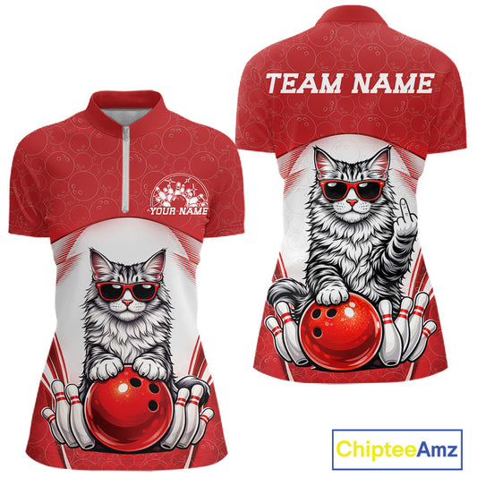 Front and back view of a white and red women’s bowling quarter-zip shirt featuring a Maine Coon cat wearing sunglasses beside a bowling ball.