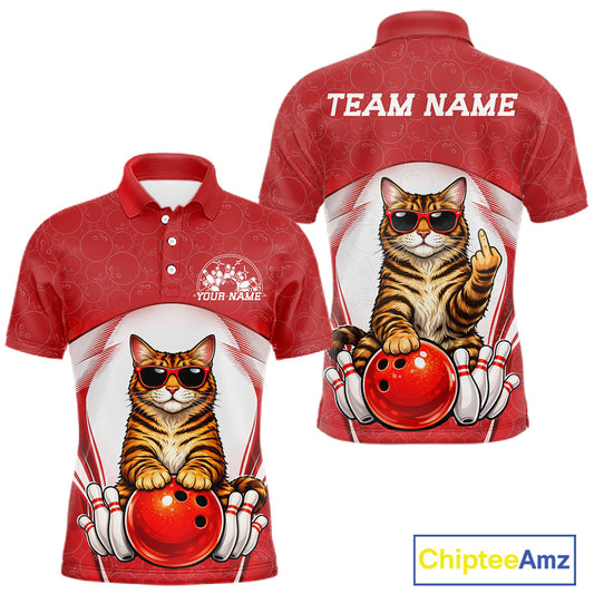 Front and back mockup of a white and red men’s bowling polo shirt featuring a golden brown Bengal cat in sunglasses leaning on a bowling ball.