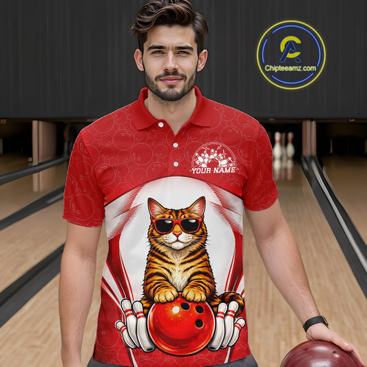Male model wearing a bowling polo shirt at a bowling lane with a Bengal cat in sunglasses and bowling ball graphics.