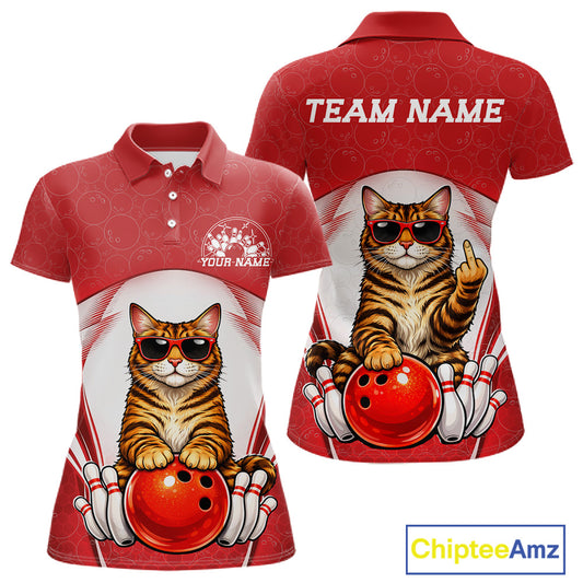 Front and back mockup of a white and red women’s bowling polo shirt featuring a golden brown Bengal cat in sunglasses leaning on a bowling ball.