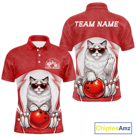Front and back view of a white and red men’s bowling polo shirt featuring a ragdoll cat wearing sunglasses and leaning on a bowling ball.