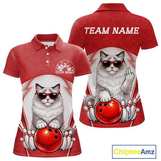 Front and back display of a white and red women’s bowling polo shirt featuring a ragdoll cat wearing sunglasses and leaning on a bowling ball.