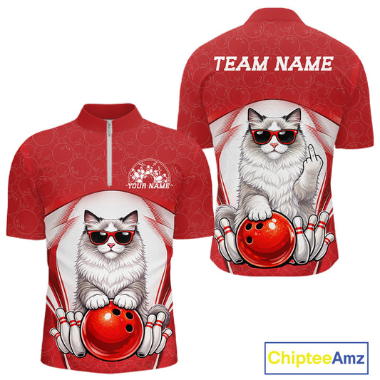 Front and back display of a white and red men’s bowling quarter-zip shirt showcasing a ragdoll cat wearing sunglasses and leaning on a bowling ball.