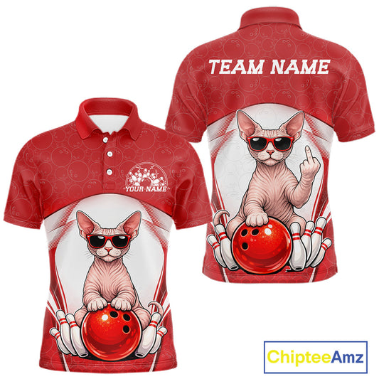 Front and back mockup of a white and red men’s bowling polo shirt showcasing a sphynx cat wearing sunglasses and leaning on a bowling ball.