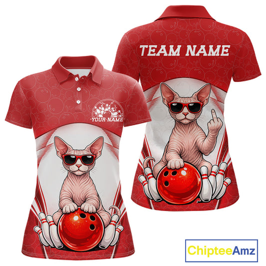Front and back mockup of a white and red women’s bowling polo shirt showcasing a sphynx cat wearing sunglasses and leaning on a bowling ball.