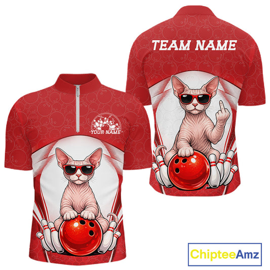 Front and back mockup of a white and red men’s bowling quarter-zip shirt featuring a sphynx cat wearing sunglasses and leaning on a bowling ball.