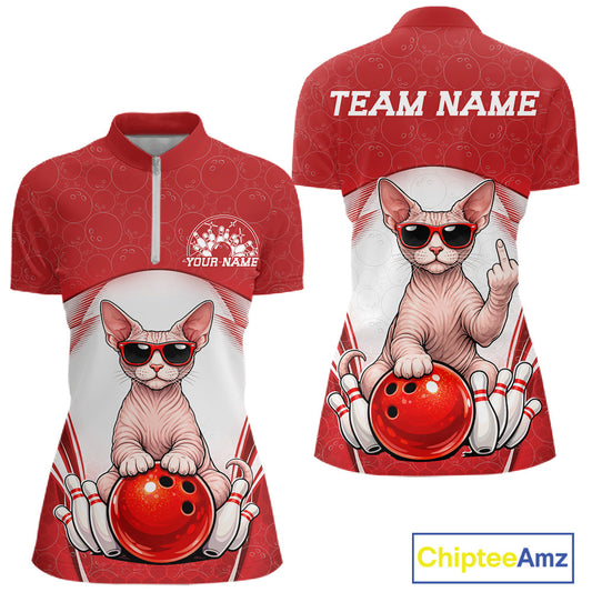 Front and back mockup of a white and red women’s bowling quarter-zip shirt showcasing a sphynx cat wearing sunglasses and leaning on a bowling ball.