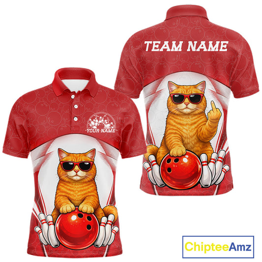 Front and back view of a white and red men’s bowling polo shirt featuring an orange British Shorthair cat wearing sunglasses and leaning on a bowling ball.