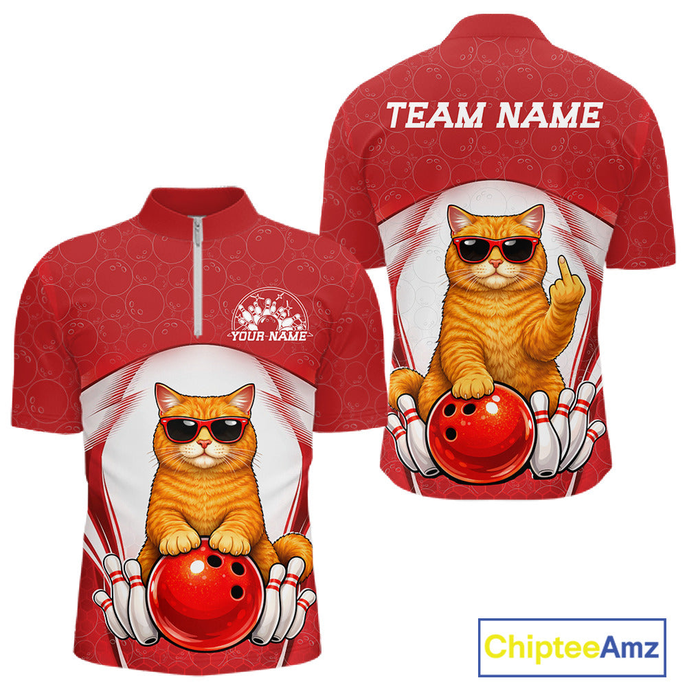Front and back view of a white and red men’s bowling quarter-zip shirt featuring an orange British Shorthair cat wearing sunglasses and leaning on a bowling ball.