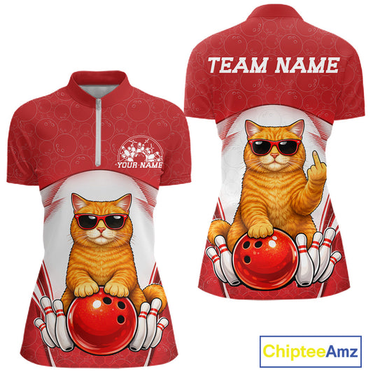 Front and back view of a white and red women’s bowling quarter-zip shirt featuring an orange British Shorthair cat in sunglasses leaning on a bowling ball.
