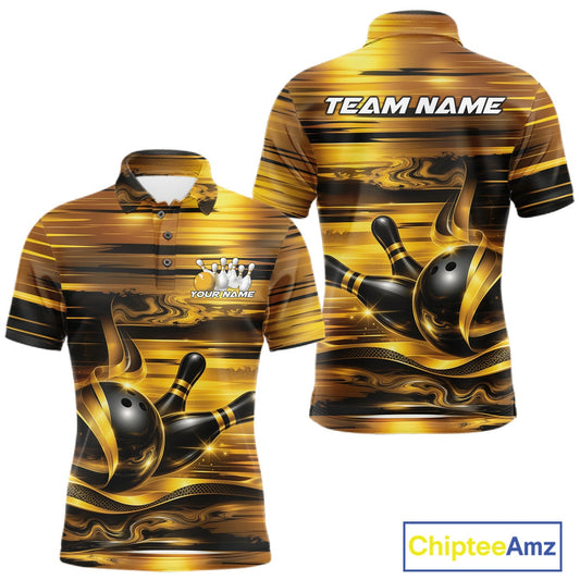 Front and back views of a men's bowling polo shirt mockup showcasing glossy gold and black bowling ball and pins artwork.