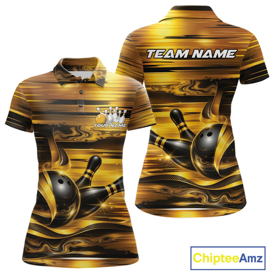 Front and back views of a women's bowling polo shirt mockup featuring glossy gold and black bowling ball and pins graphics.