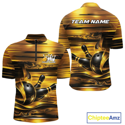 Front and back views of a men's bowling quarter-zip shirt mockup featuring glossy gold and black bowling ball and pins graphics.
