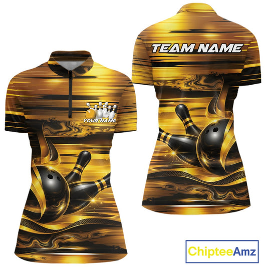 Front and back views of a women's bowling quarter-zip shirt mockup showcasing glossy gold and black bowling ball and pins artwork.