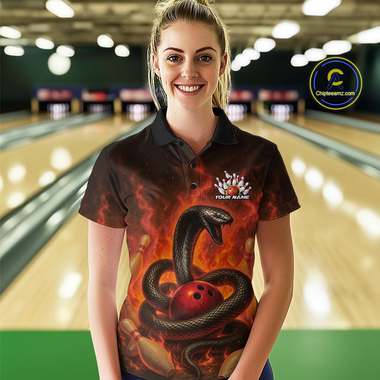 Custom Red Flame Black Mamba Snake Bowling Women Polo Shirt, Snake Bowling Team Jerseys IPHW10149