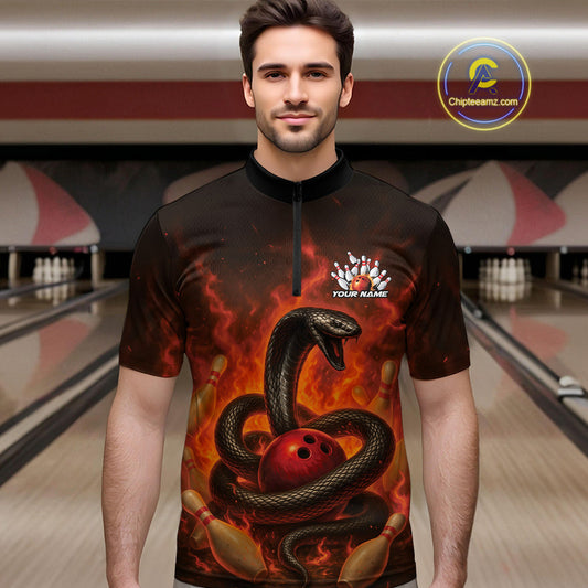Custom Red Flame Black Mamba Snake Bowling Men Quarter-Zip Shirt, Snake Bowling Team Jerseys IPHW10149