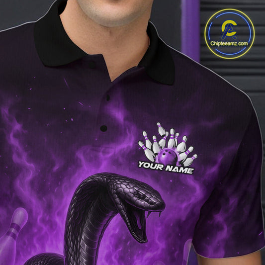 Custom Purple Flame Black Mamba Snake Bowling Men Polo Shirt, Snake Bowling Team Jerseys IPHW10150