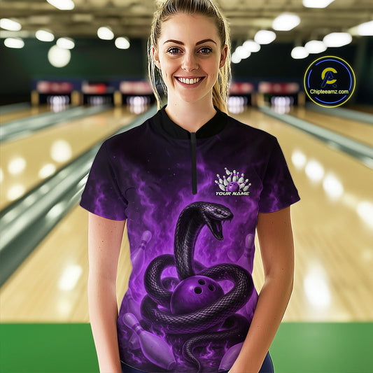 Custom Purple Flame Black Mamba Snake Women Bowling Shirt, Snake Bowling Team Jerseys IPHW10150