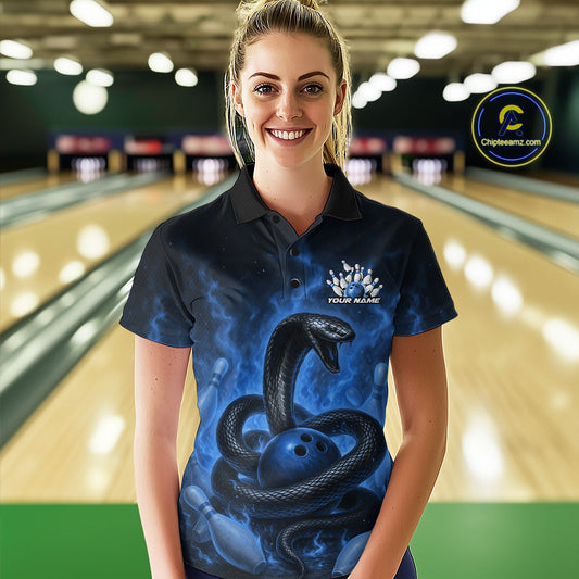 Custom Blue Flame Black Mamba Snake Bowling Women Polo Shirt, Snake Bowling Team Jerseys IPHW10151