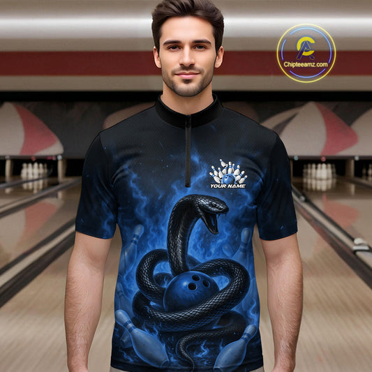 Custom Blue Flame Black Mamba Snake Bowling Men Quarter-Zip Shirt, Snake Bowling Team Jerseys IPHW10151