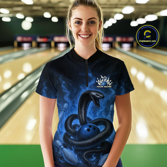 Custom Blue Flame Black Mamba Snake Women Bowling Shirt, Snake Bowling Team Jerseys IPHW10151