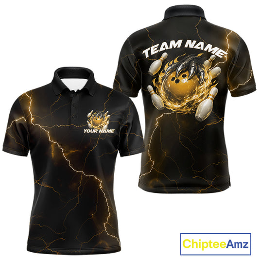 Front and back black and yellow mens bowling polo featuring a dragon claw gripping a flaming bowling ball with scattered pins.