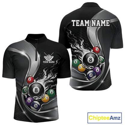 Front and back mockup of a mens black and silver billiard quarter zip with metallic ribbons, dark honeycomb graphics, and a flaming 8-ball
