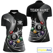 Load image into Gallery viewer, Front and back mockup of a womens black and silver billard quarter zip with metallic ribbons, dark honeycomb graphics, and a flaming 8-ball