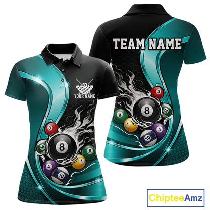 Front and back mockup of a womens black and blue billiard polo featuring metallic ribbon artwork, a dark honeycomb pattern, and a flaming 8-ball motif