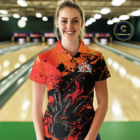 Custom Red Orange Flame Bowling Women Polo Shirts, Splatter Bowling Team Tournament Shirt IPHW9932