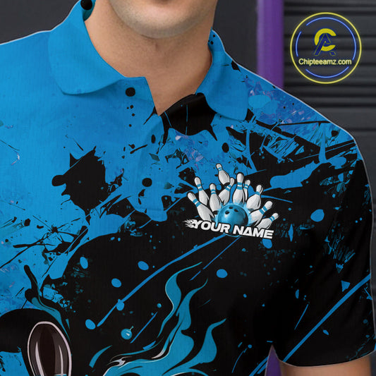Custom Blue Flame Bowling Men Polo Shirts, Splatter Bowling Team Tournament Shirt IPHW9933