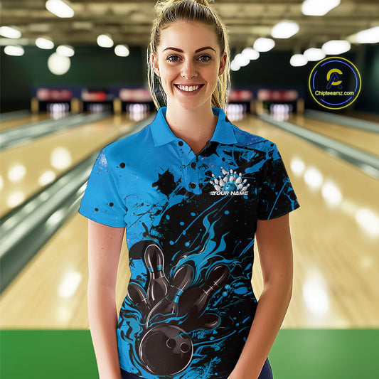 Custom Blue Flame Bowling Women Polo Shirt, Splatter Bowling Team Tournament Shirt IPHW9933