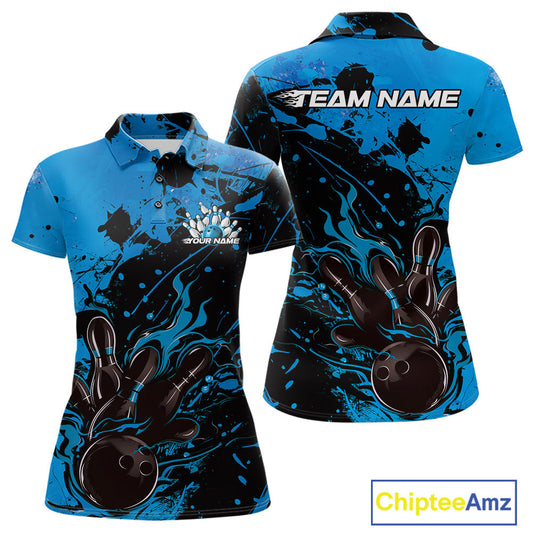 Custom Blue Flame Bowling Women Polo Shirt, Splatter Bowling Team Tournament Shirt IPHW9933