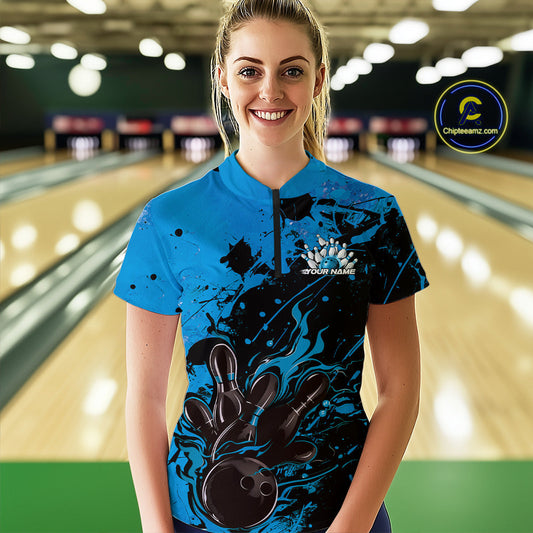 Custom Blue Flame Bowling Women Quarter-Zip Shirt, Splatter Bowling Team Tournament Shirt IPHW9933